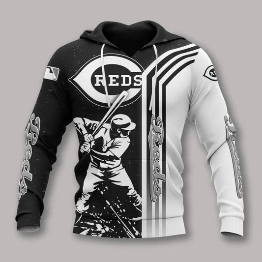 Cincinnati Reds Black And White All Over Print Apparel 1, MLB Hoodie Moonbestprint