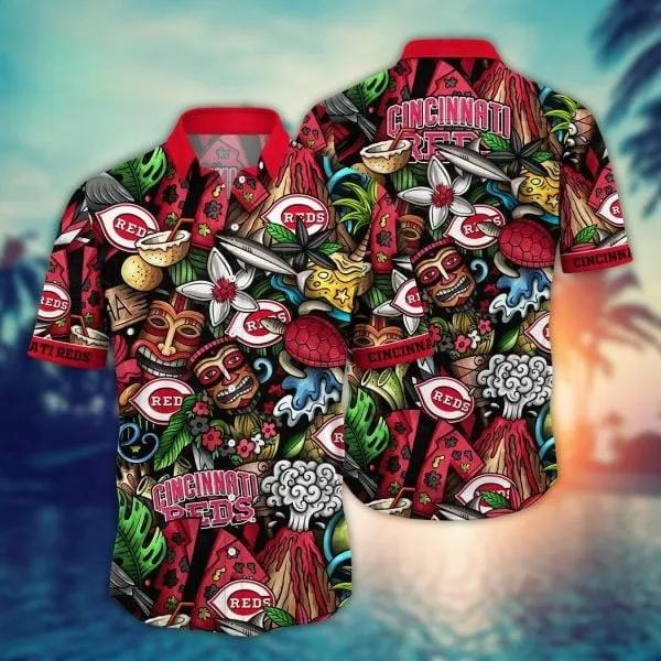 Cincinnati Reds MLB Team Logo And Name Tribal Pattern 3D Hawaiian Shirt, MLB Hawaiian Shirt Moonbestprint