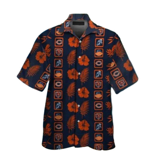 Classic Chicago Bears Logo With Icons And Hibiscus Hawaiian Shirt - Moonbestprint