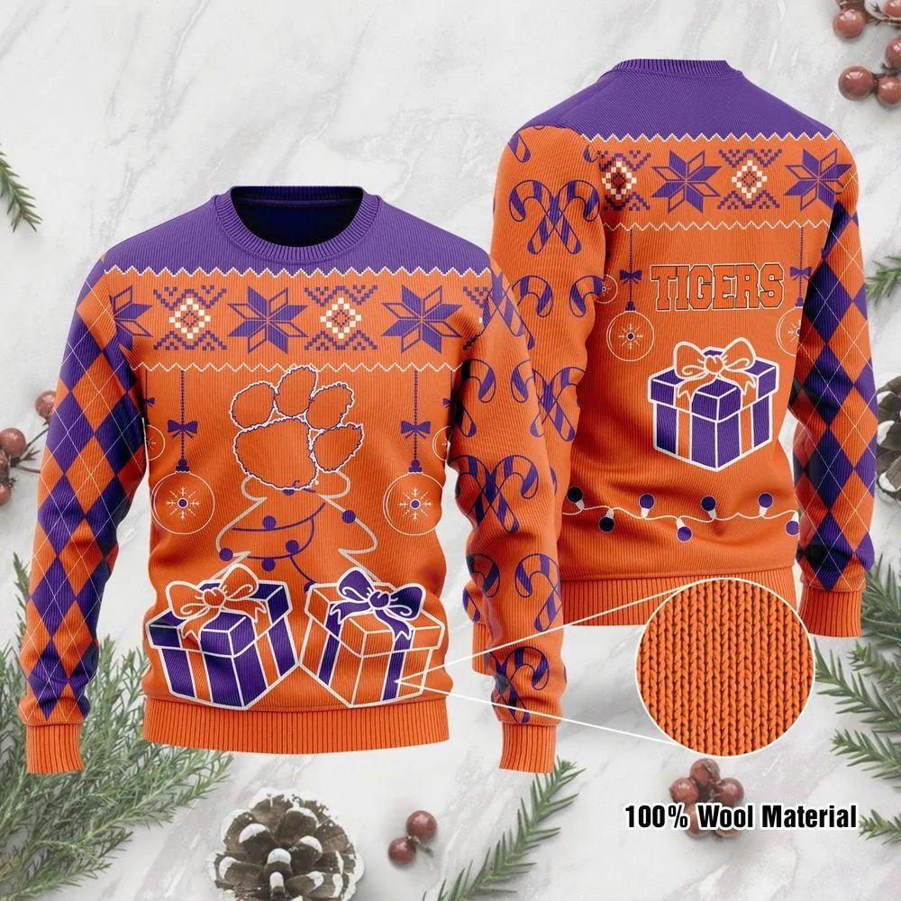 Clemson Tigers Box Gift Ugly Christmas Sweater, NCAA Christmas Sweater Moonbestprint