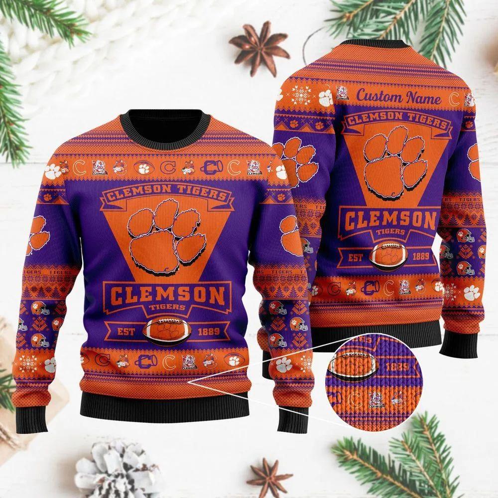 Clemson Tigers Est 1889 Custom Name Ugly Christmas Sweater, NCAA Christmas Sweater Moonbestprint