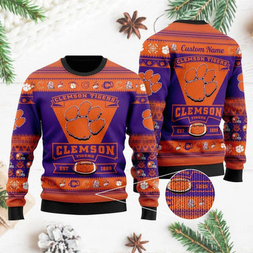 Clemson Tigers Est 1889 Custom Name Ugly Christmas Sweater, NCAA Christmas Sweater Moonbestprint