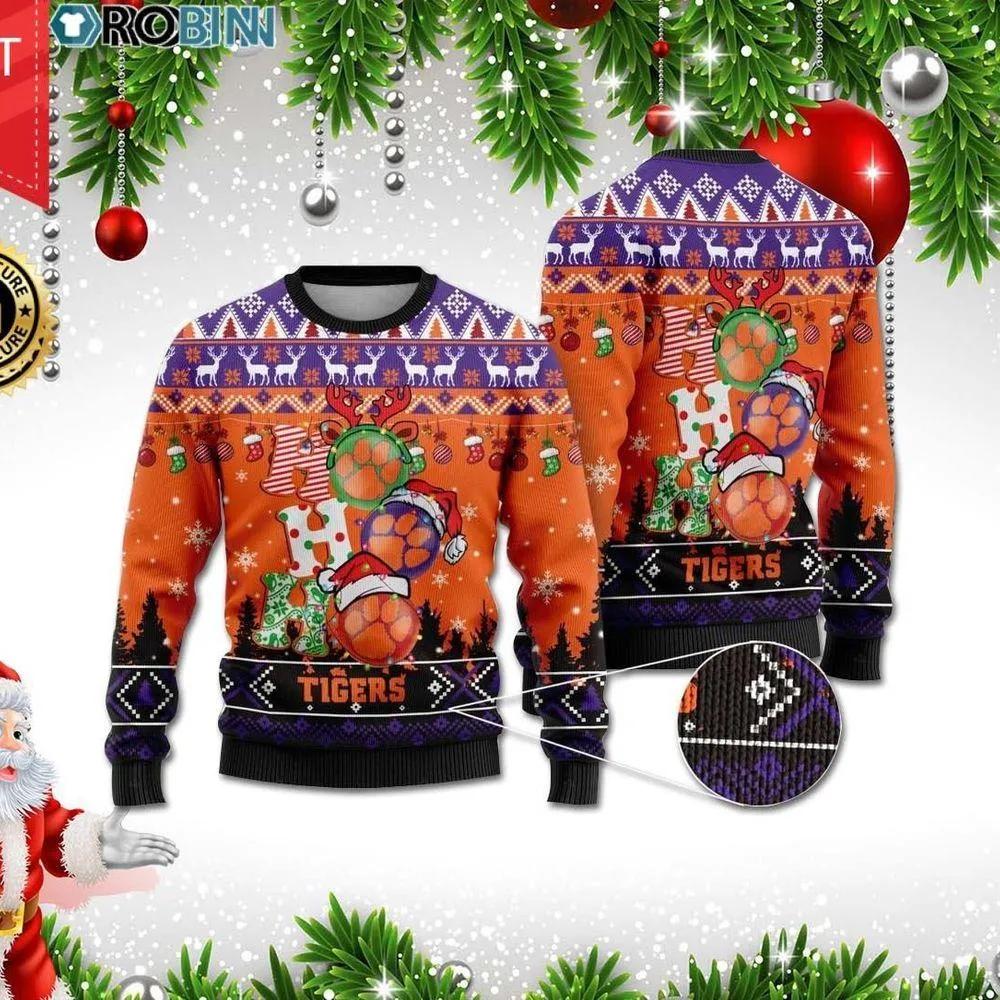 Clemson Tigers Ho Ho Ho Ugly Christmas Sweater, NCAA Christmas Sweater Moonbestprint