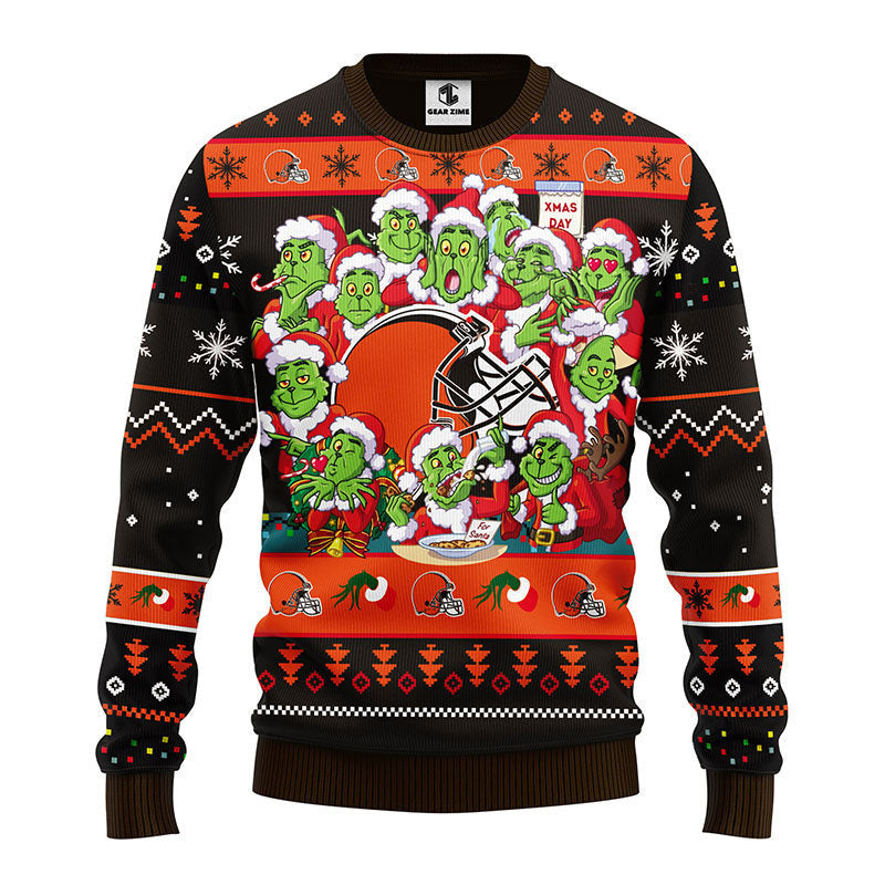 Cleveland Browns 12 Grinch Xmas Day Ugly Christmas Sweater, Grinch Xmas Sweater Moonbestprint