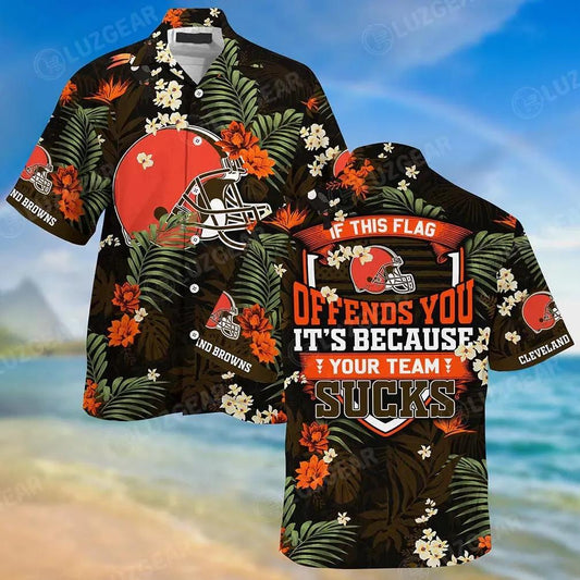 Cleveland Browns Hawaiian Shirt With Tropical Patterns – If This Flag Offends You It’S Because You Team Sucks, NFL Hawaiian Shirt Moonbestprint