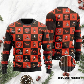 Cleveland Browns Logo Checkered Flannel Ugly Christmas Sweater, NFL Christmas Sweater Moonbestprint