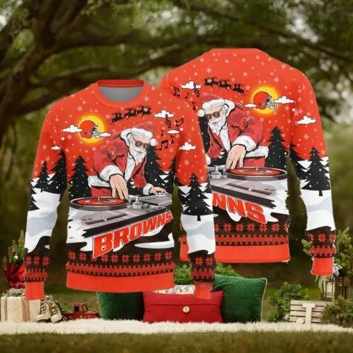 Cleveland Browns Logo Knitted Funny DJ Santa Ugly Christmas Sweater, NFL Chritsmas Sweater Moonbestprint