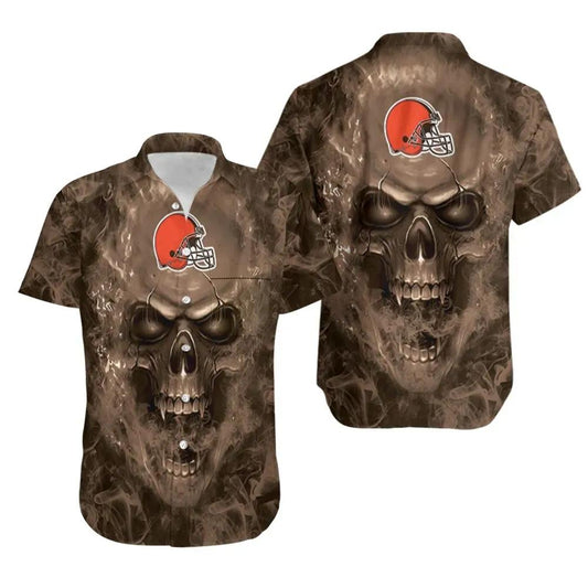 Cleveland Browns Nfl Fan Skull Hawaiian Shirt Print Short Sleeve Hawaiian Aloha Shirt, NFL Hawaiian Shirt Moonbestprint