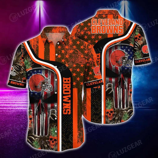 Cleveland Browns Nfl Hawaiian Shirt Graphic Tropical Patterns Skull Punisher 3D Printed Best Gift For Fans, NFL Hawaiian Shirt Moonbestprint