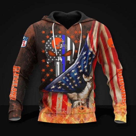Cleveland Browns Skull American Flag All Over Print Hoodie, NFL Hoodie Moonbestprint