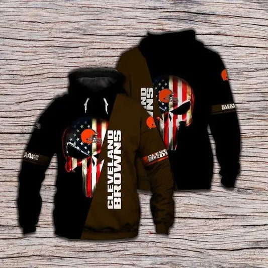 Cleveland Browns Skull American Flag Gift For Fan 3D Hoodie, NFL Hoodie Moonbestprint