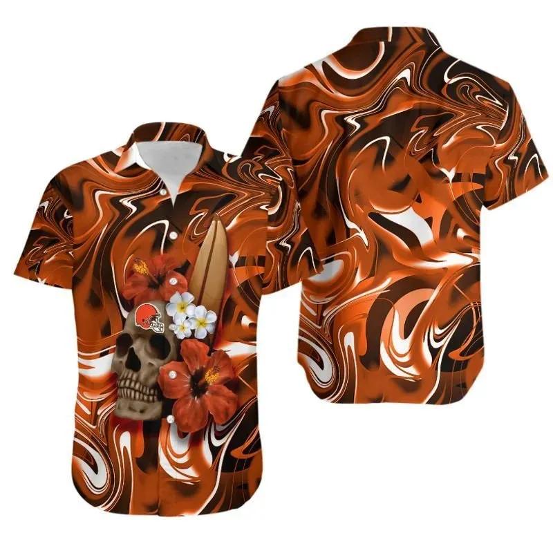 Cleveland Browns Skull And Hibiscus Flower Nfl Gift For Fan Hawaii Shirt Summer Collection, NFL Hawaiian Shirt Moonbestprint