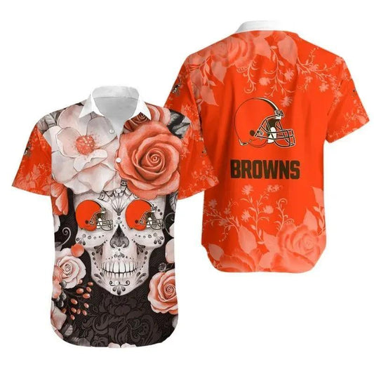 Cleveland Browns Skull Nfl Gift For Fan Hawaiian Graphic Print Short Sleeve Hawaiian Shirt, NFL Hawaiian Shirt Moonbestprint