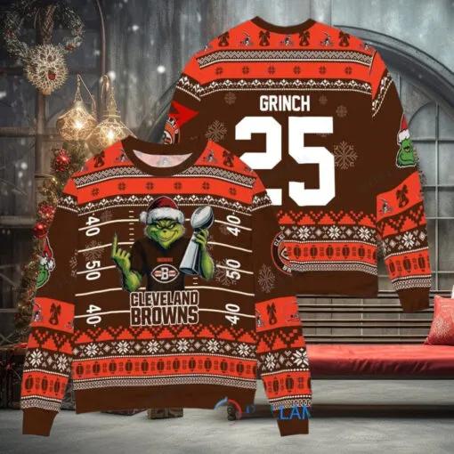 Cleveland Browns x Grinch Christmas Dr. Seuss How the Grinch Stole Christmas with Super Bowl Trophy Custom Ugly Christmas Sweater, NFL Chritsmas Sweater Moonbestprint