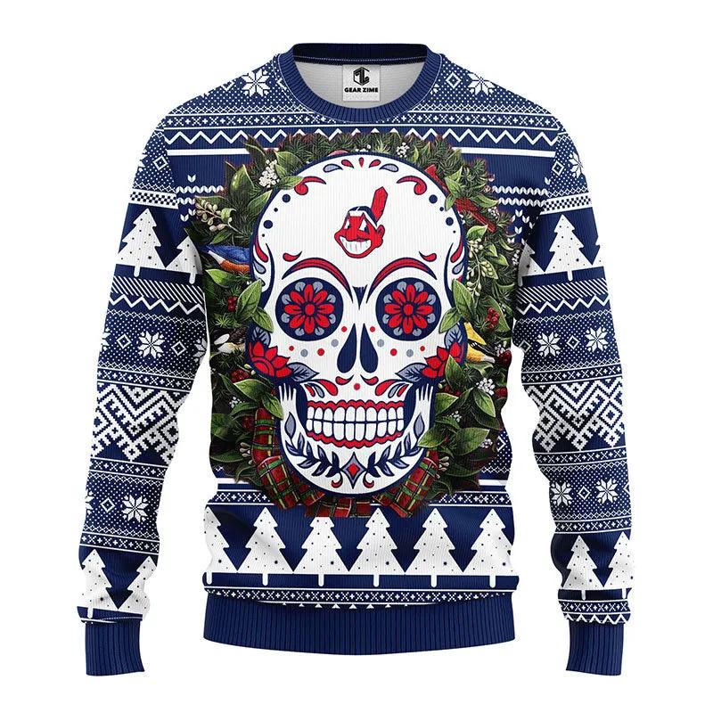 Cleveland Indians Skull Flower Ugly Christmas Sweater, MLB Christmas Sweater Moonbestprint