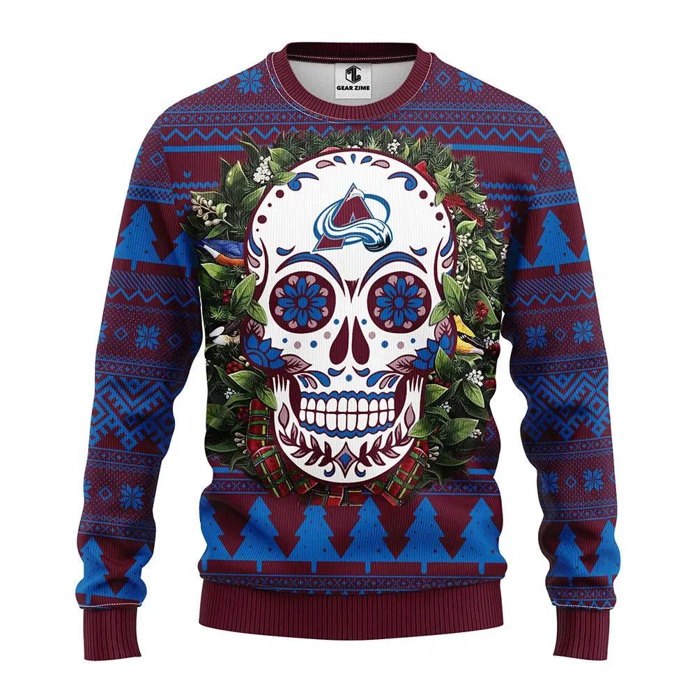 Colorado Avalanche Skull Flower Ugly Christmas Sweater, NHL Christmas Sweater Moonbestprint