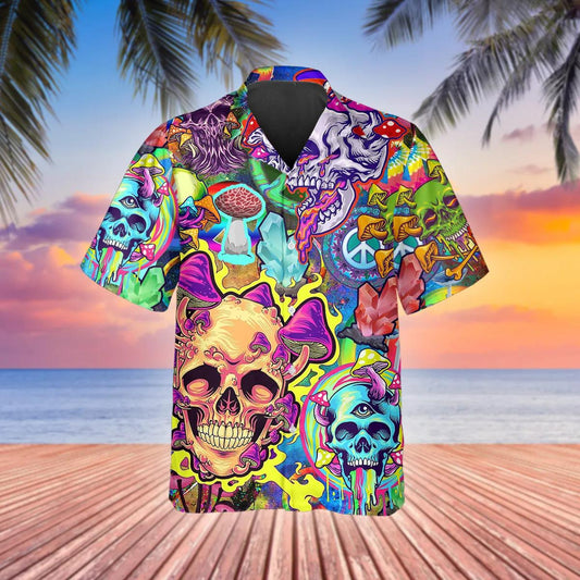 Colorful Mushroom Psychedelic Trippy Skull Hawaiian Shirt, Hawaiian Button Up Shirt, Tropical Shirts For Men Moonbestprint