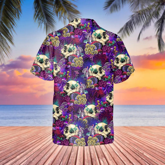 Colorful Mushroom Skull Hawaiian Shirt, Hawaiian Button Up Shirt, Tropical Shirts For Men Moonbestprint