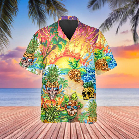 Colorful Pineapple Skull Hawaiian Shirt, Hawaiian Button Up Shirt, Tropical Shirts For Men Moonbestprint