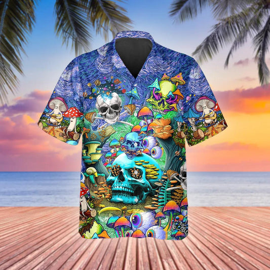 Colorful Psychedelic Trippy Skull Hawaiian Shirt, Hawaiian Button Up Shirt, Tropical Shirts For Men Moonbestprint
