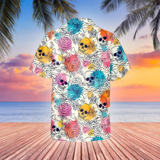 Colorful Roses Crossbones Skull Hawaiian Shirt, Hawaiian Button Up Shirt, Tropical Shirts For Men Moonbestprint