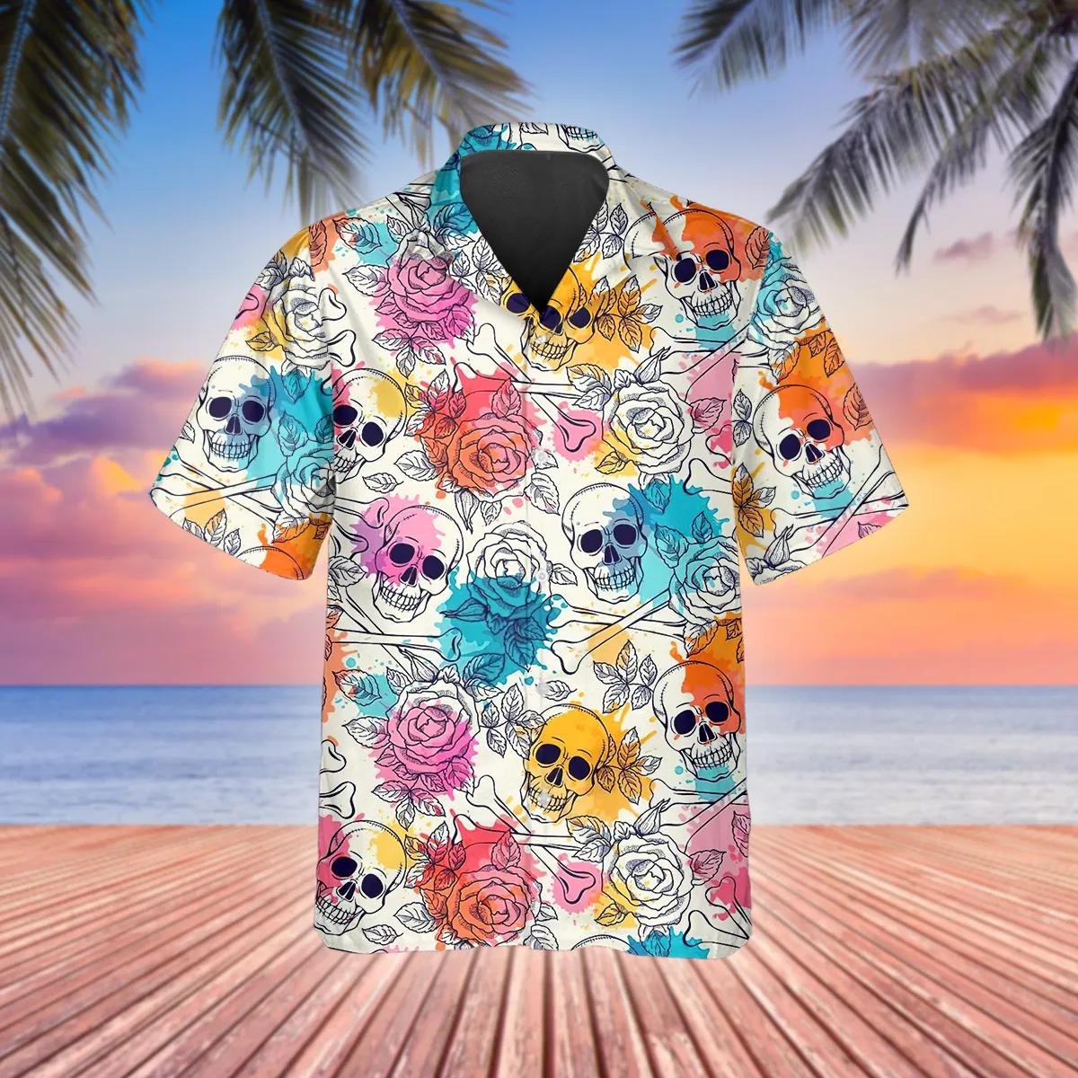 Colorful Roses Crossbones Skull Hawaiian Shirt, Hawaiian Button Up Shirt, Tropical Shirts For Men Moonbestprint