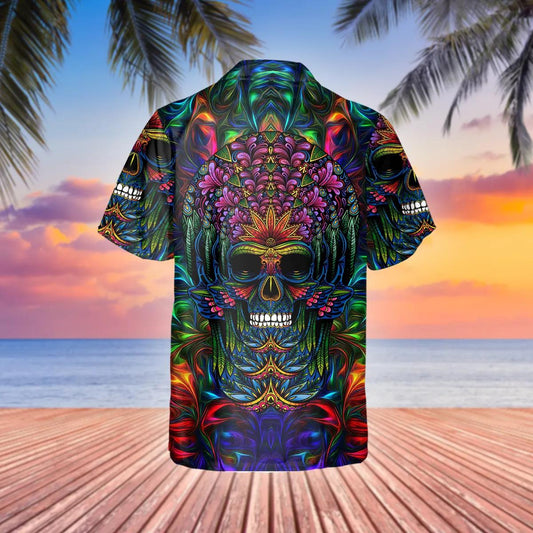 Colorful Skull Art Hawaiian Shirt, Hawaiian Button Up Shirt, Tropical Shirts For Men Moonbestprint