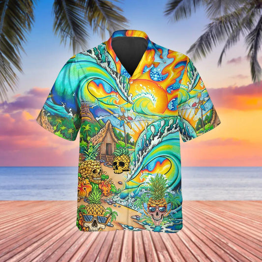 Colorful Skull Village Hawaiian Shirt, Hawaiian Button Up Shirt, Tropical Shirts For Men Moonbestprint