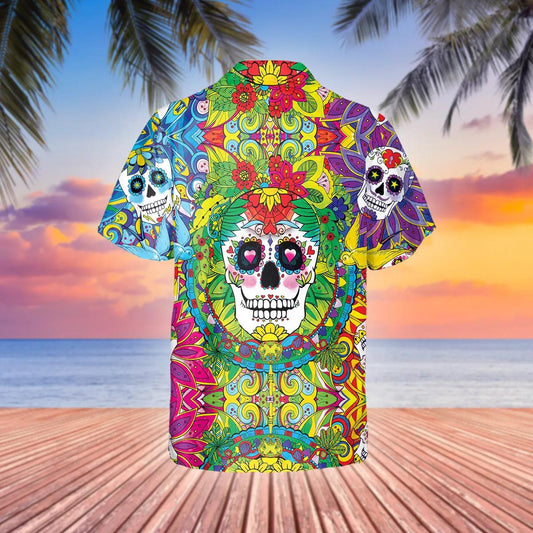 Colorful Sugar Skull Hawaiian Shirt, Hawaiian Button Up Shirt, Tropical Shirts For Men Moonbestprint