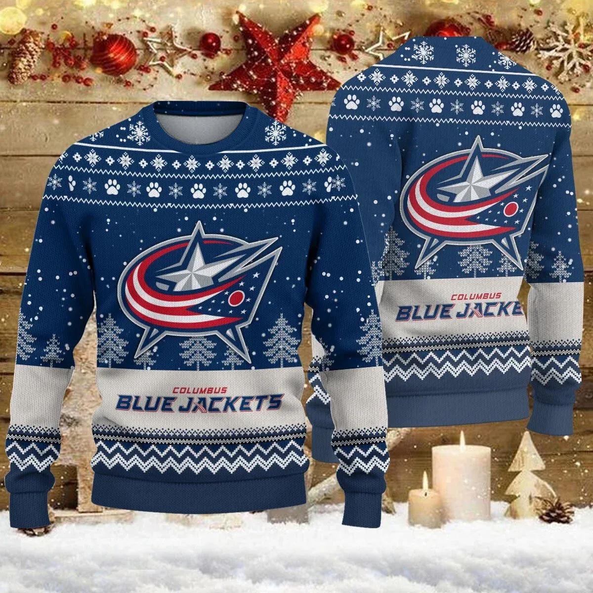 Columbus Blue Jackets Big Logo Ugly Christmas Sweater, NHL Christmas Sweater Moonbestprint