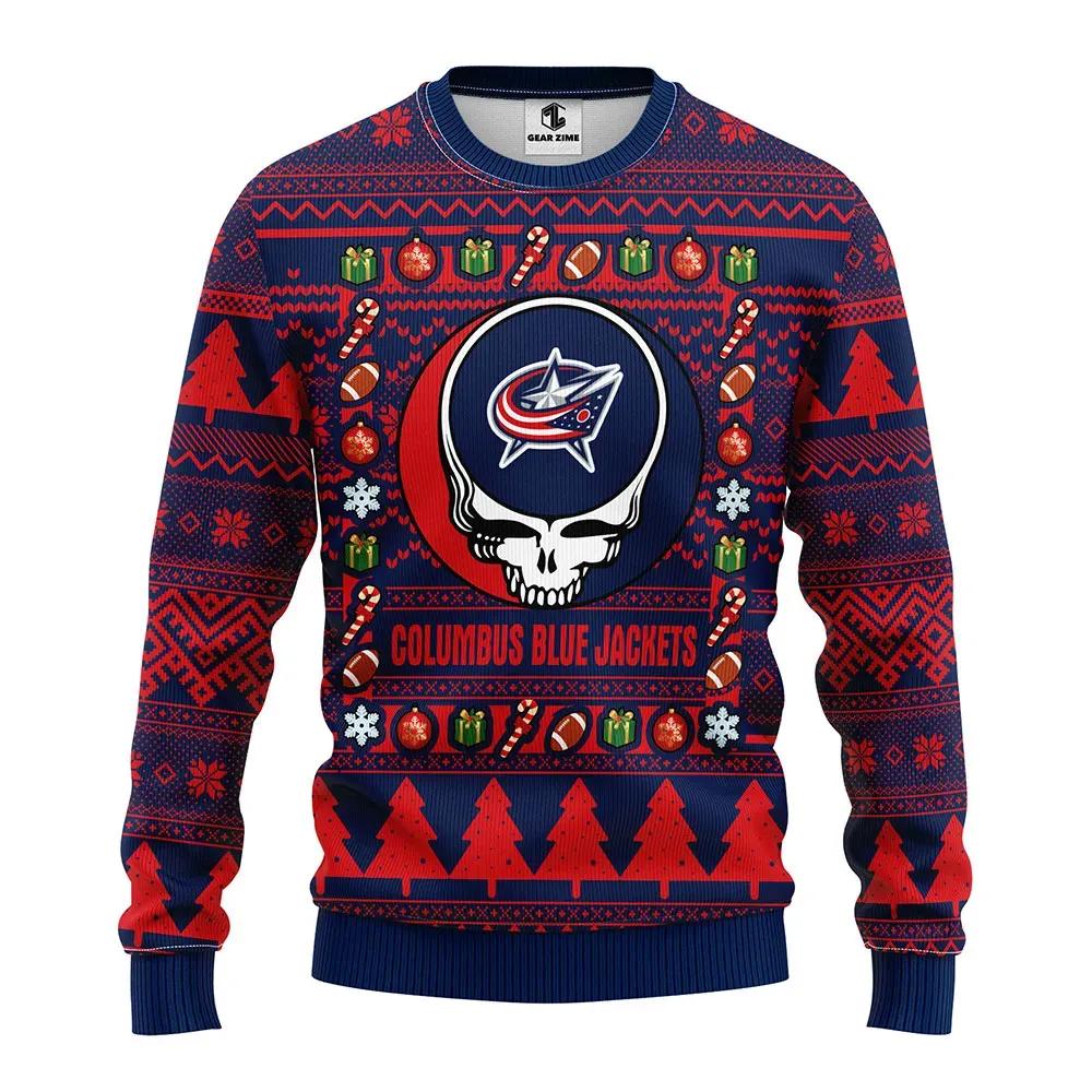 Columbus Blue Jackets Grateful Dead Ugly Christmas Sweater, NHL Christmas Sweater Moonbestprint