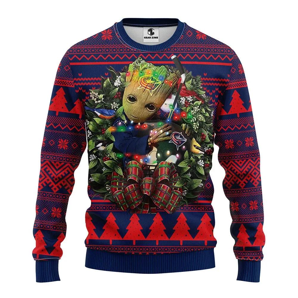 Columbus Blue Jackets Groot Hug Ugly Christmas Sweater, NHL Christmas Sweater Moonbestprint