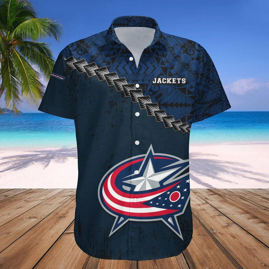 Columbus Blue Jackets Hawaiian Shirt Grunge Polynesian Tattoo - NHL, NHL Hawaiian Shirt Moonbestprint