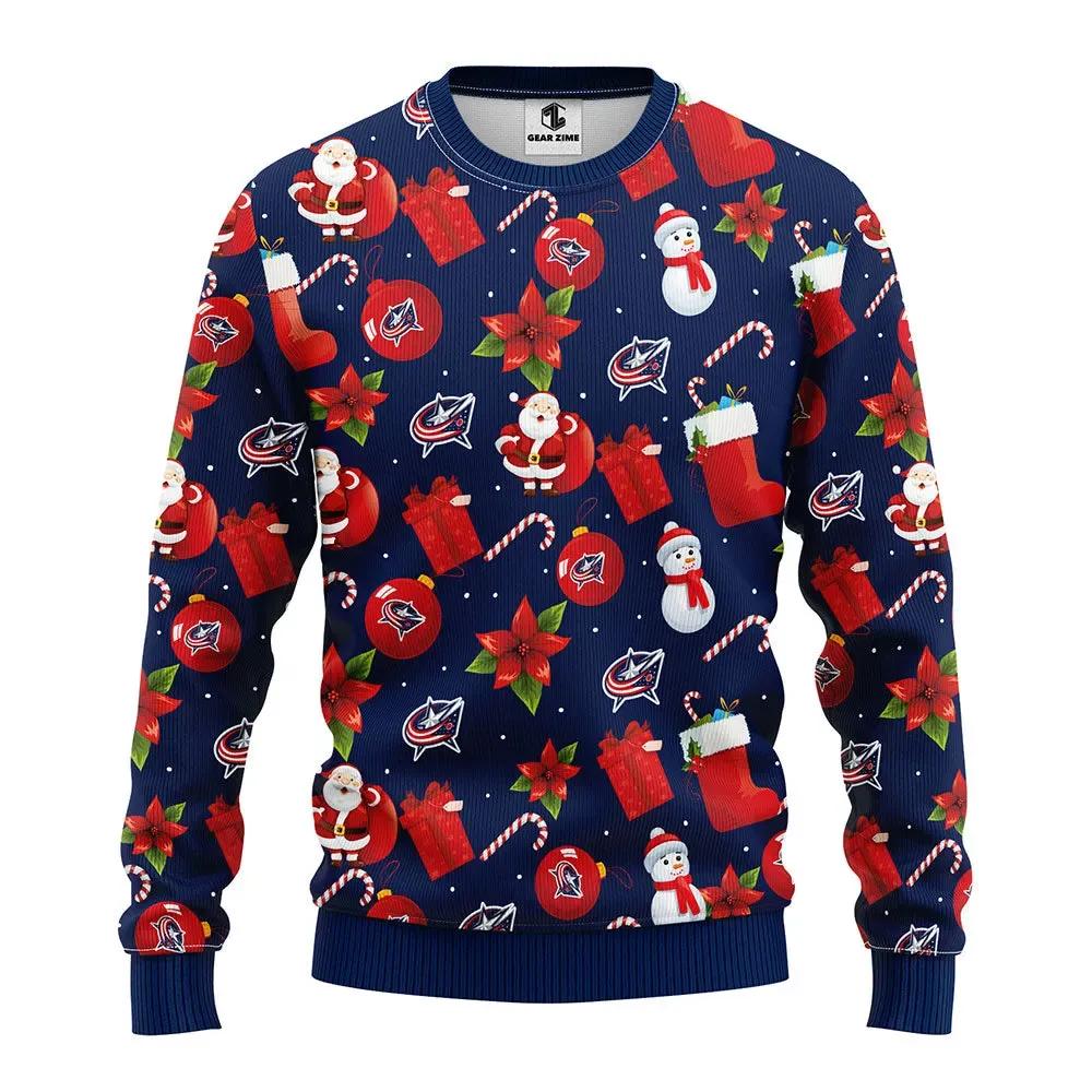 Columbus Blue Jackets Santa Claus Snowman Ugly Christmas Sweater, NHL Christmas Sweater Moonbestprint
