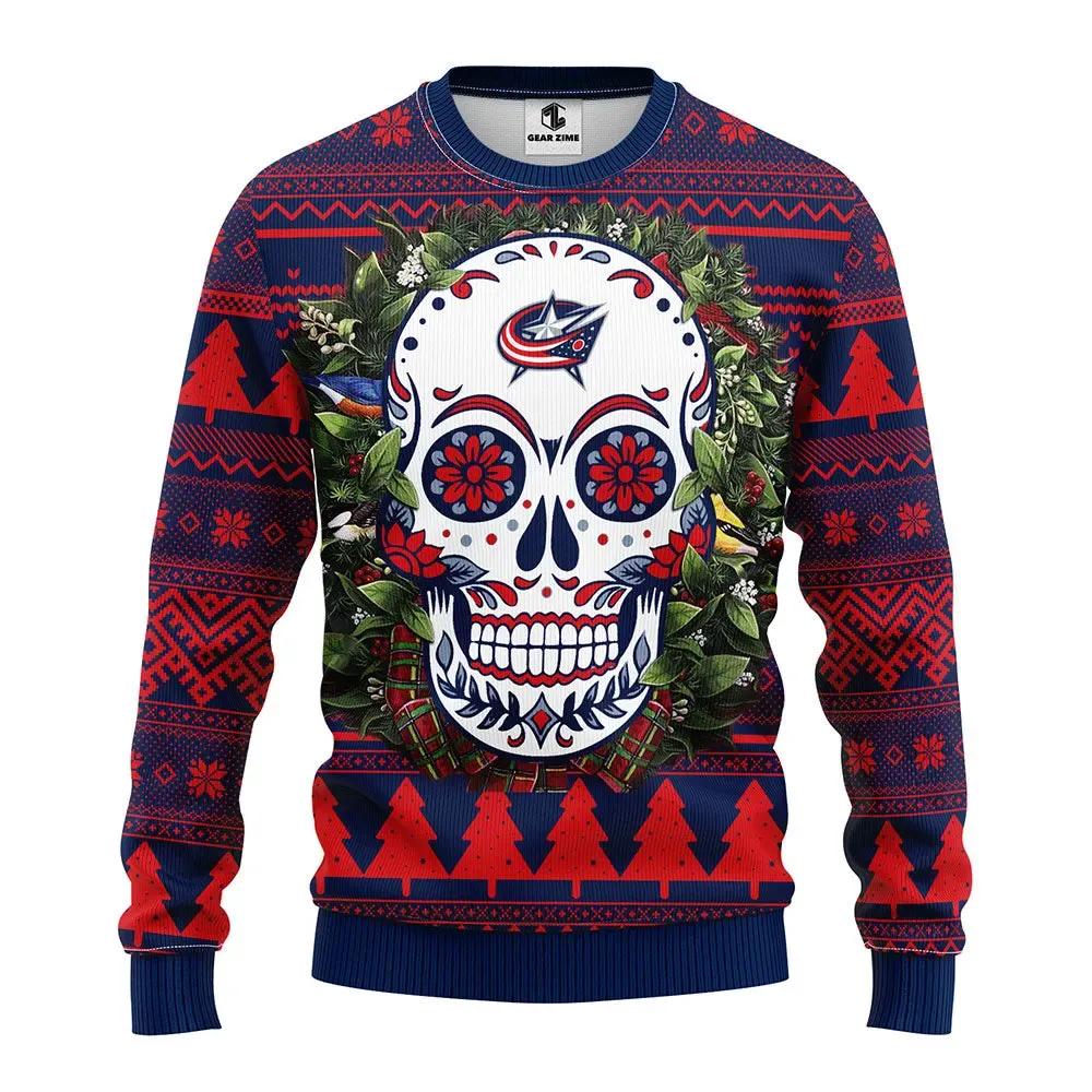 Columbus Blue Jackets Skull Flower Ugly Christmas Sweater, NHL Christmas Sweater Moonbestprint