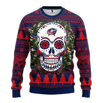 Columbus Blue Jackets Skull Flower Ugly Christmas Sweater, NHL Christmas Sweater Moonbestprint