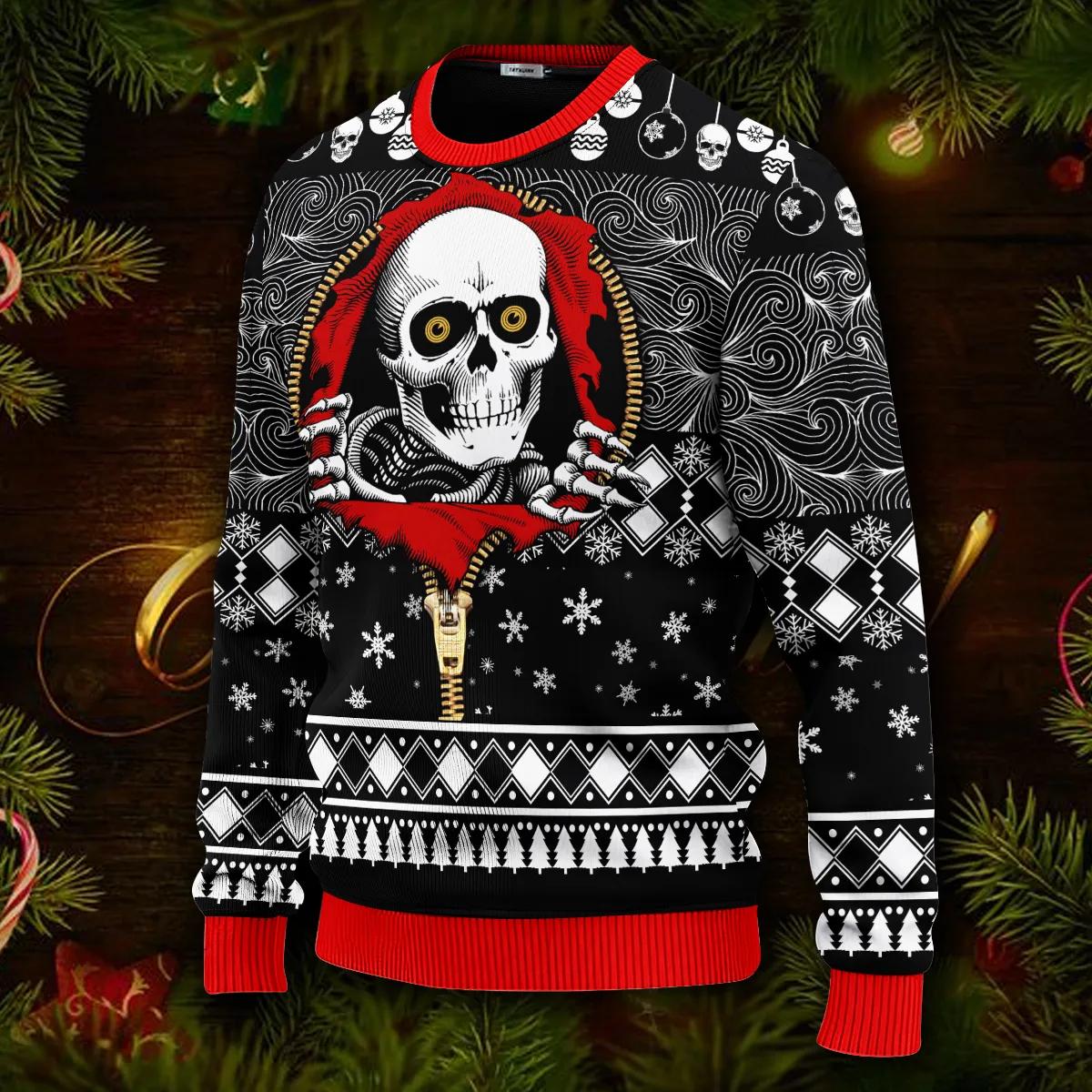 Cool Skull Inside Zip Shirt Skull Ugly Christmas Sweater Moonbestprint