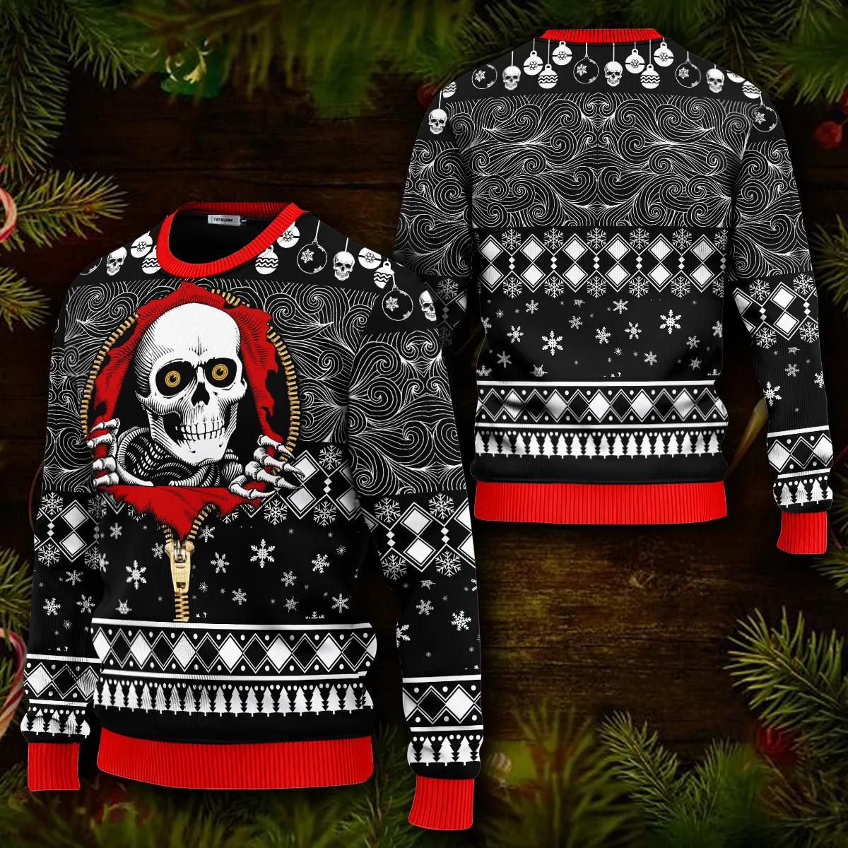 Cool Skull Inside Zip Shirt Skull Ugly Christmas Sweater Moonbestprint