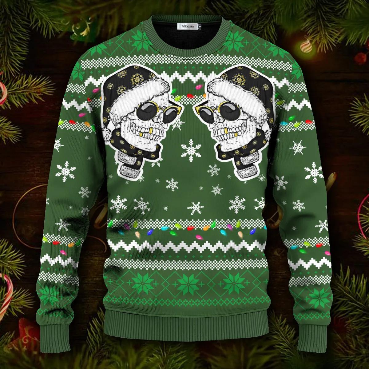Cool Twins Santa Skull Ugly Christmas Sweater Moonbestprint