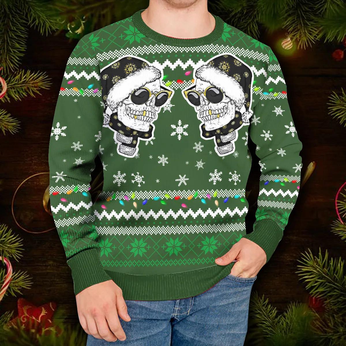 Cool Twins Santa Skull Ugly Christmas Sweater Moonbestprint
