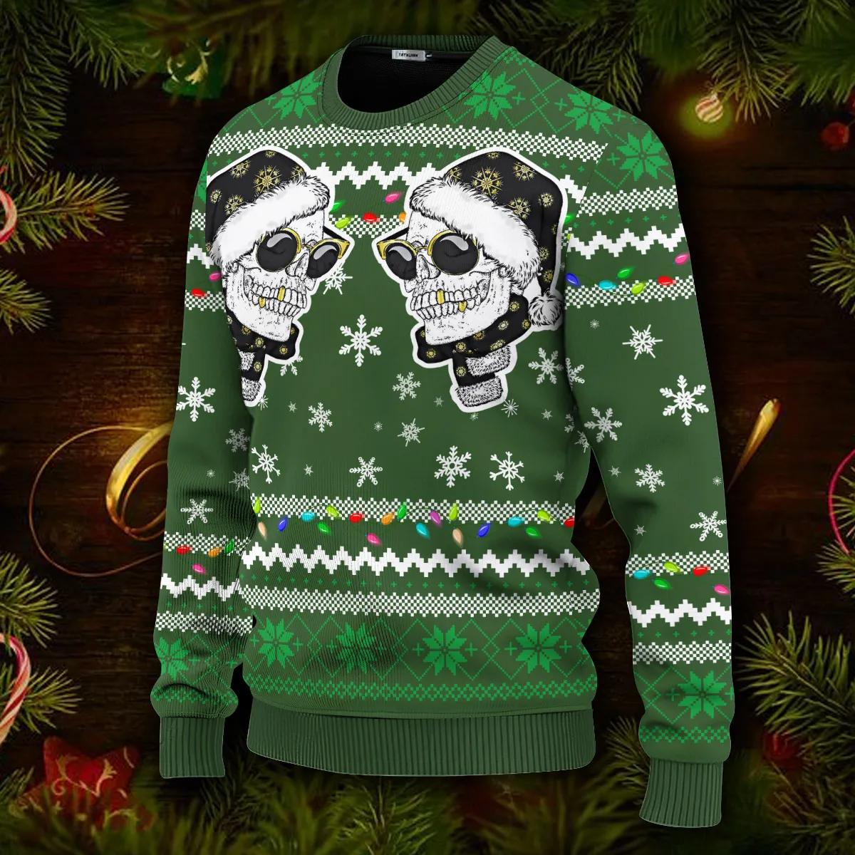 Cool Twins Santa Skull Ugly Christmas Sweater Moonbestprint