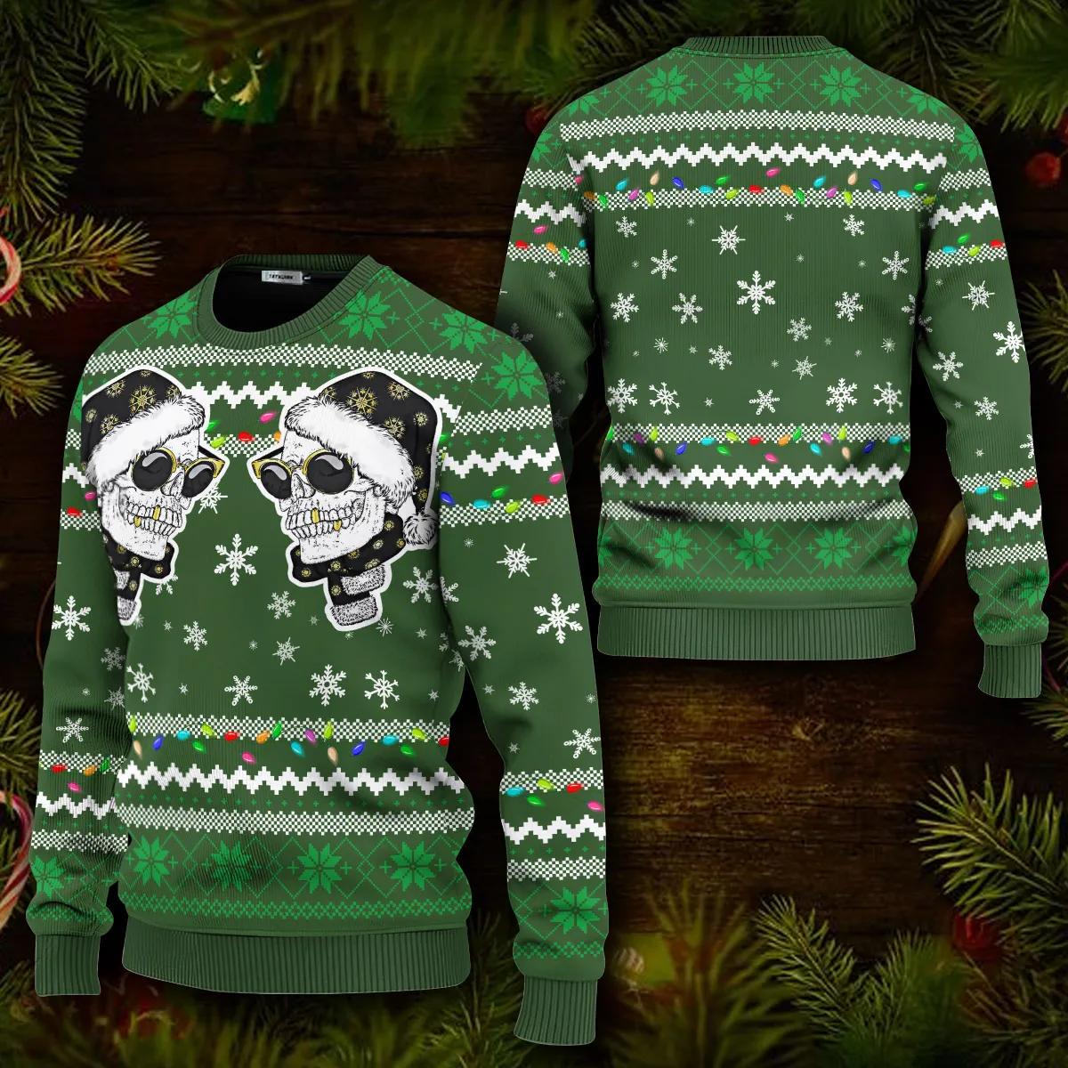 Cool Twins Santa Skull Ugly Christmas Sweater Moonbestprint