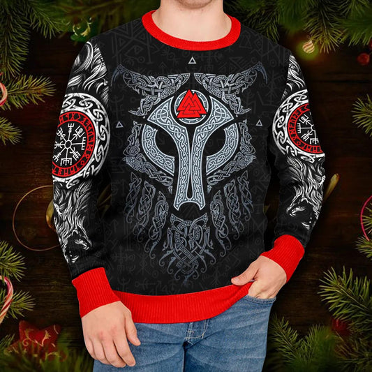 Cool Wolf Vegvisir Pattern Viking Ugly Christmas Sweater Moonbestprint