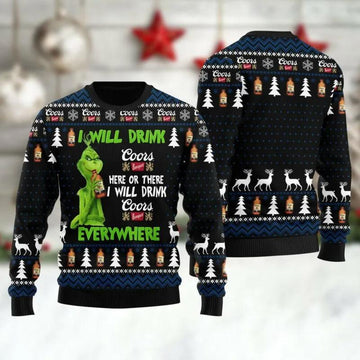 Coors Banquet Grinch Will Drink Everywhere Ugly Sweater, Grinch Holiday Sweater Moonbestprint
