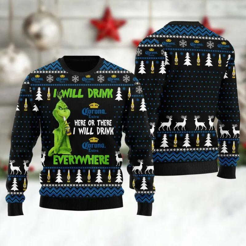 Corona Extra Grinch Will Drink Everywhere Ugly Sweater, Grinch Holiday Sweater Moonbestprint