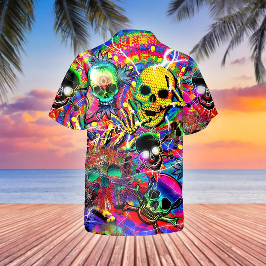 Crazy Neon Skull Hawaiian Shirt, Hawaiian Button Up Shirt, Tropical Shirts For Men Moonbestprint