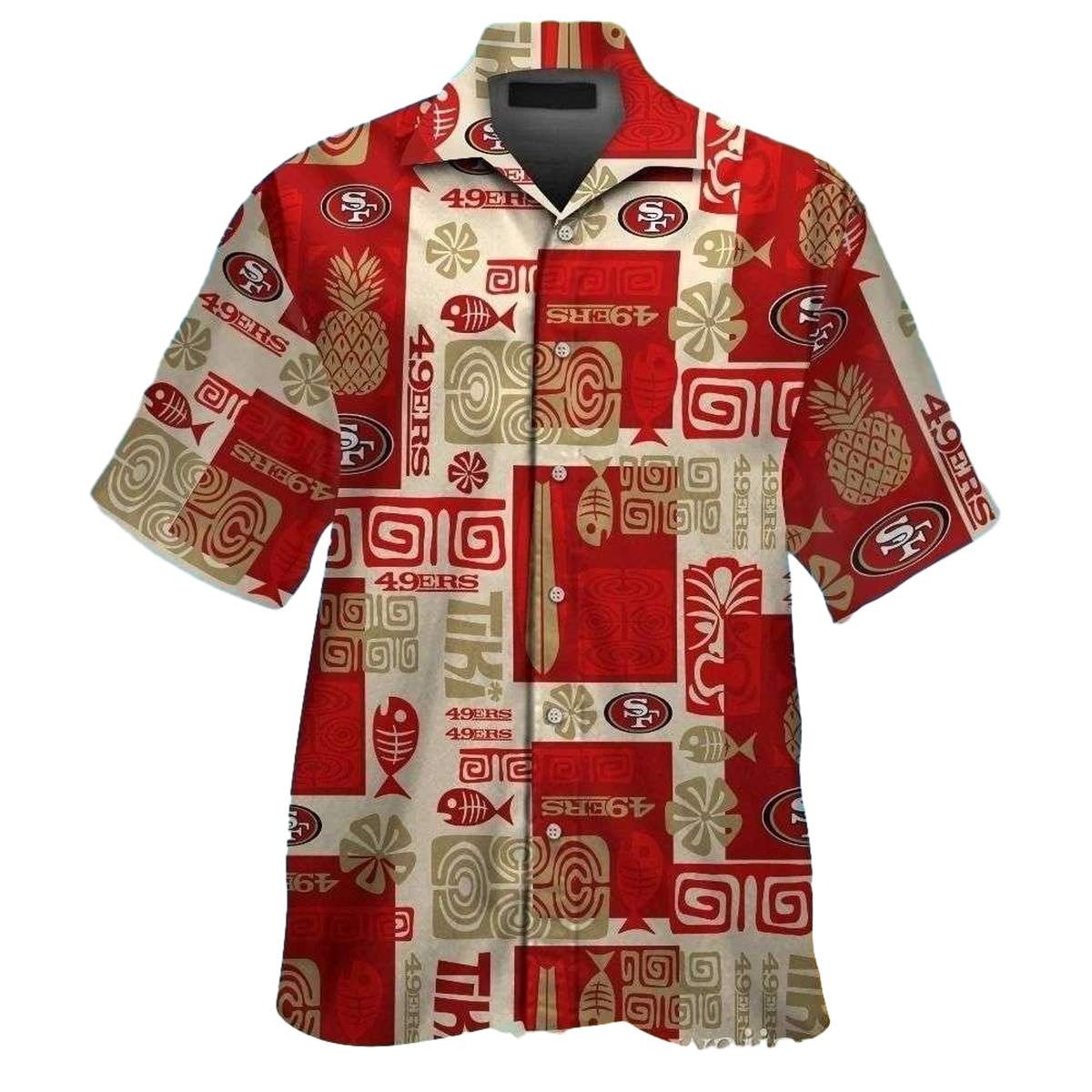 Cultural Fusion 49ers Beige And Red Tiki Pattern Hawaiian Shirt - Moonbestprint