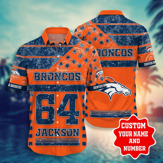 Custom Denver Broncos NFL US Flag Pattern Hawaiian Shirt, NFL Hawaiian Shirt Moonbestprint