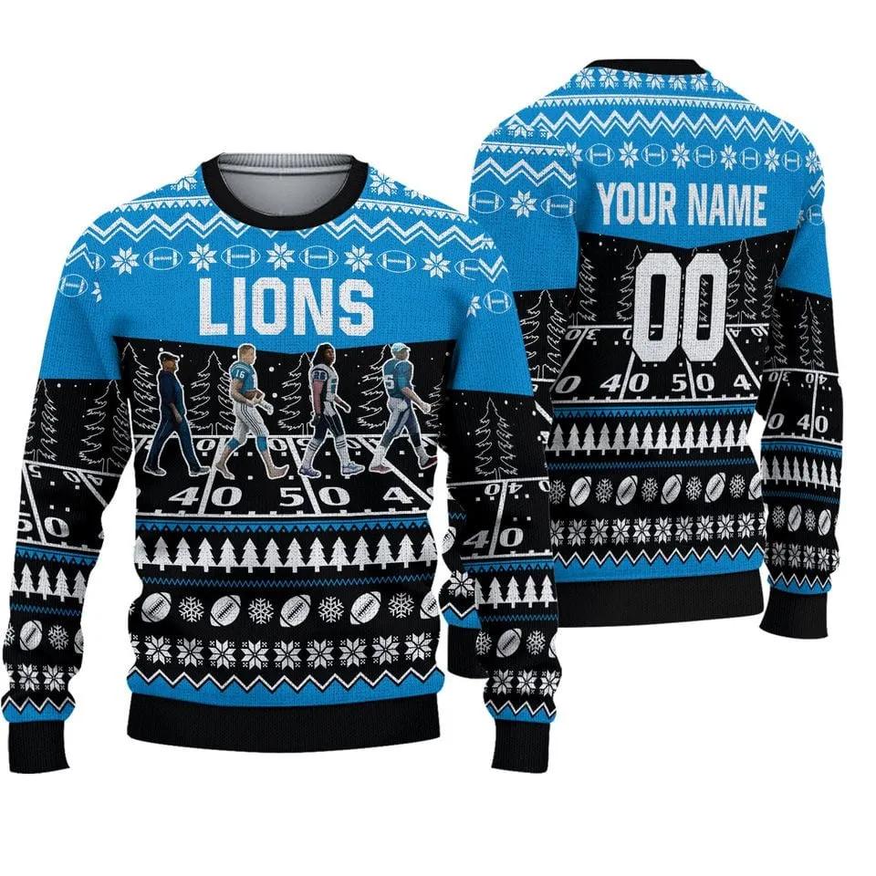 Custom Detroit Lions Walking Abbey Road Ugly Christmas Sweater, NFL Christmas Sweater Moonbestprint