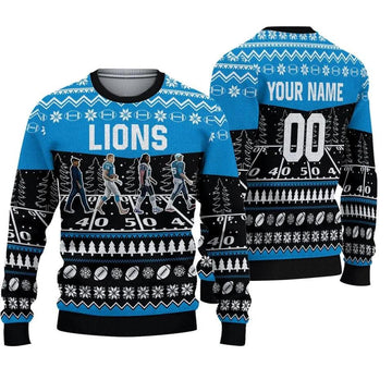 Custom Detroit Lions Walking Abbey Road Ugly Christmas Sweater, NFL Christmas Sweater Moonbestprint